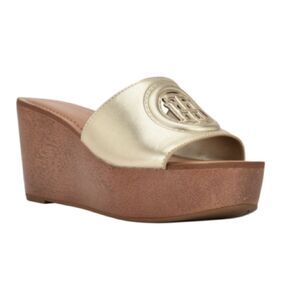 Tommy Hilfiger Brynn Platform Wedge Slide Sandals Heels Size 9.5 Gold Brown NEW